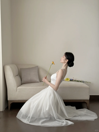 Cute A Line Spaghetti Straps White Satin Tulle Long Prom Dress, Party Dress, Evening Dress GG2836