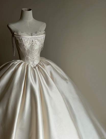 Stunning Ball Gown Spaghetti Straps Satin Applique Beaded Long Prom Dress, Wedding Dress, Evening Dress GG2838