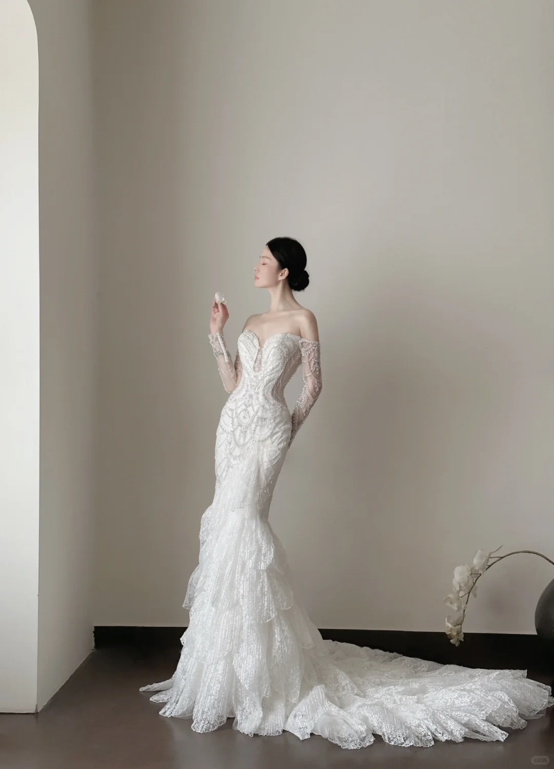 Delicate Mermaid Strapless Lace Beaded Long Sleeves Long Prom Dress, Wedding Dress, Evening Dress GG2840