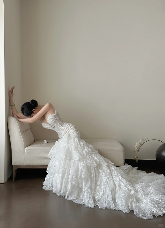 Delicate Mermaid Strapless Lace Beaded Long Sleeves Long Prom Dress, Wedding Dress, Evening Dress GG2840