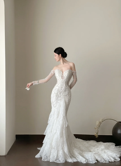 Delicate Mermaid Strapless Lace Beaded Long Sleeves Long Prom Dress, Wedding Dress, Evening Dress GG2840