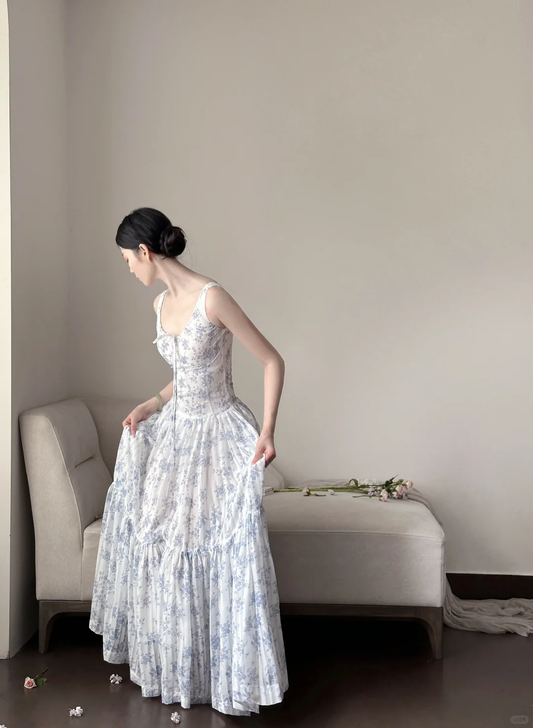 Unique A Line Low Collar Satin Chiffon Printing Long Prom Dress, Party Dress, Evening Dress GG2842