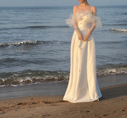 Classy A Line Off The Shoulder White Satin Tulle Embroidered Long Prom Dress, Party Dress, Evening Dress GG2843