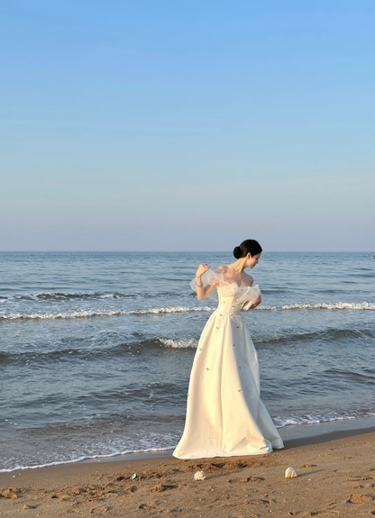 Classy A Line Off The Shoulder White Satin Tulle Embroidered Long Prom Dress, Party Dress, Evening Dress GG2843