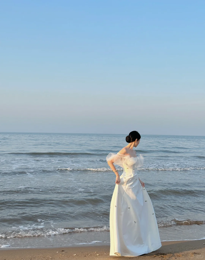 Classy A Line Off The Shoulder White Satin Tulle Embroidered Long Prom Dress, Party Dress, Evening Dress GG2843