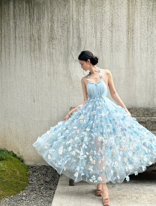 Fairy A Line Halter Pale Blue Tulle Applique Long Prom Dress, Party Dress, Evening Dress GG2847