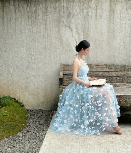 Fairy A Line Halter Pale Blue Tulle Applique Long Prom Dress, Party Dress, Evening Dress GG2847