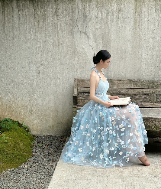 Fairy A Line Halter Pale Blue Tulle Applique Long Prom Dress, Party Dress, Evening Dress GG2847