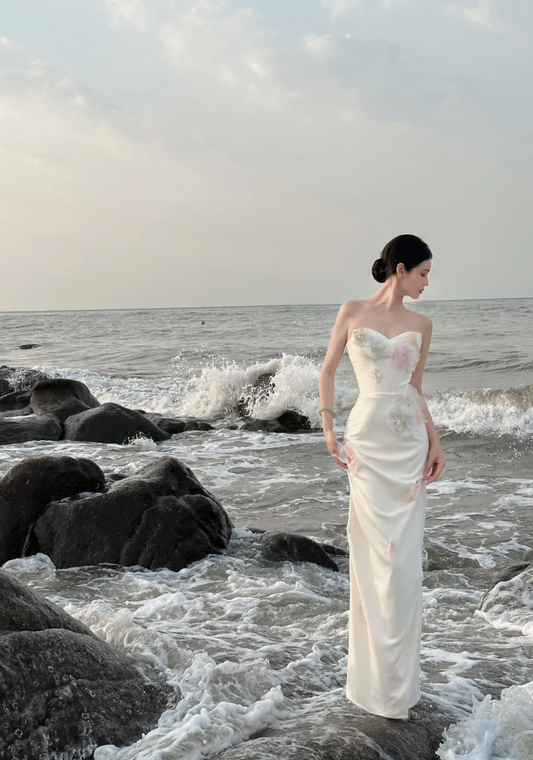 Elegant Mermaid Strapless Satin Applique Long Prom Dress, Party Dress, Evening Dress GG2850