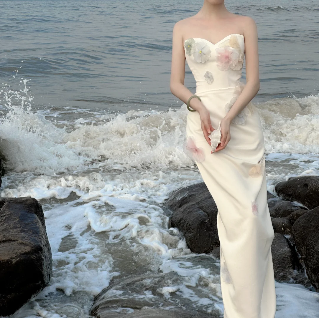 Elegant Mermaid Strapless Satin Applique Long Prom Dress, Party Dress, Evening Dress GG2850