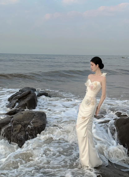 Elegant Mermaid Strapless Satin Applique Long Prom Dress, Party Dress, Evening Dress GG2850