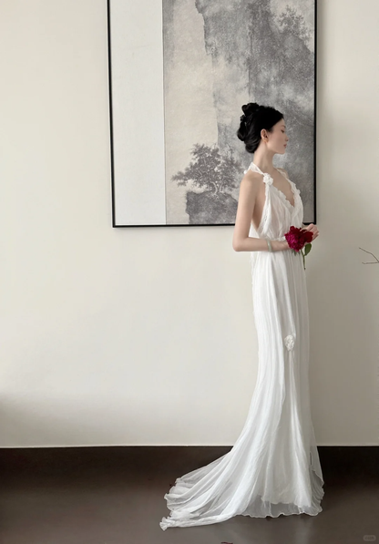 Classy A Line Halter White Chiffon Applique Long Prom Dress, Party Dress, Evening Dress GG2853