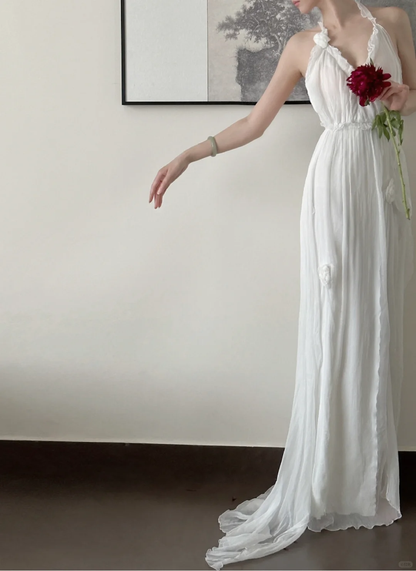 Classy A Line Halter White Chiffon Applique Long Prom Dress, Party Dress, Evening Dress GG2853