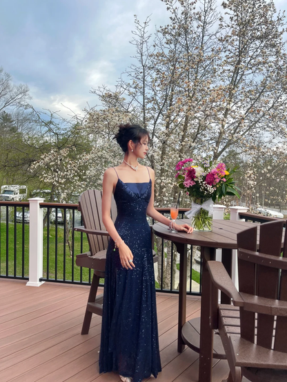 Glitter Mermaid Spaghetti Straps Navy Satin Sequin Long Prom Dress, Party Dress, Evening Dress GG2857