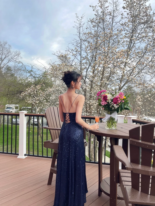 Glitter Mermaid Spaghetti Straps Navy Satin Sequin Long Prom Dress, Party Dress, Evening Dress GG2857