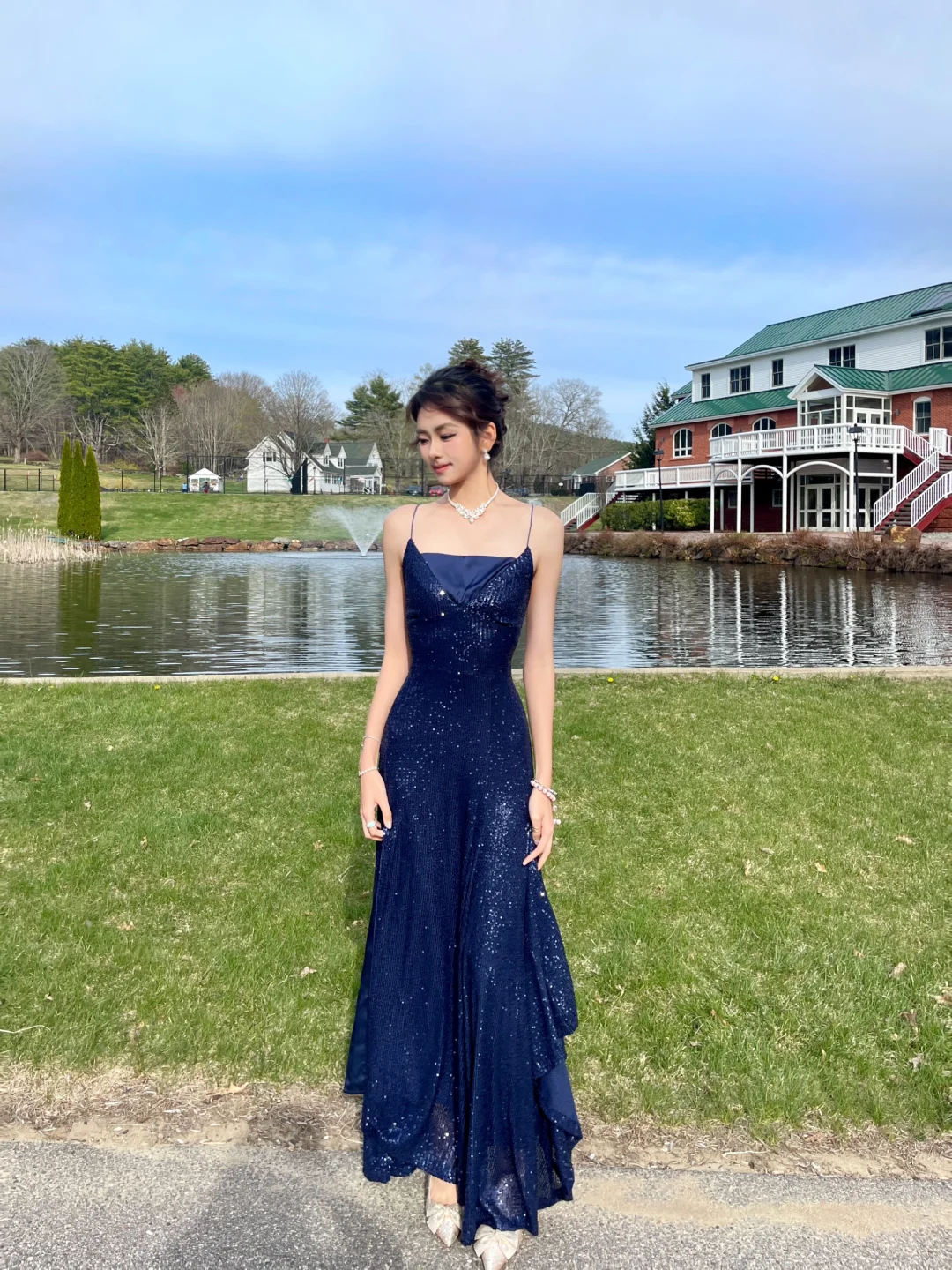 Glitter Mermaid Spaghetti Straps Navy Satin Sequin Long Prom Dress, Party Dress, Evening Dress GG2857