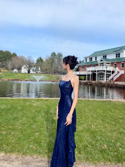 Glitter Mermaid Spaghetti Straps Navy Satin Sequin Long Prom Dress, Party Dress, Evening Dress GG2857