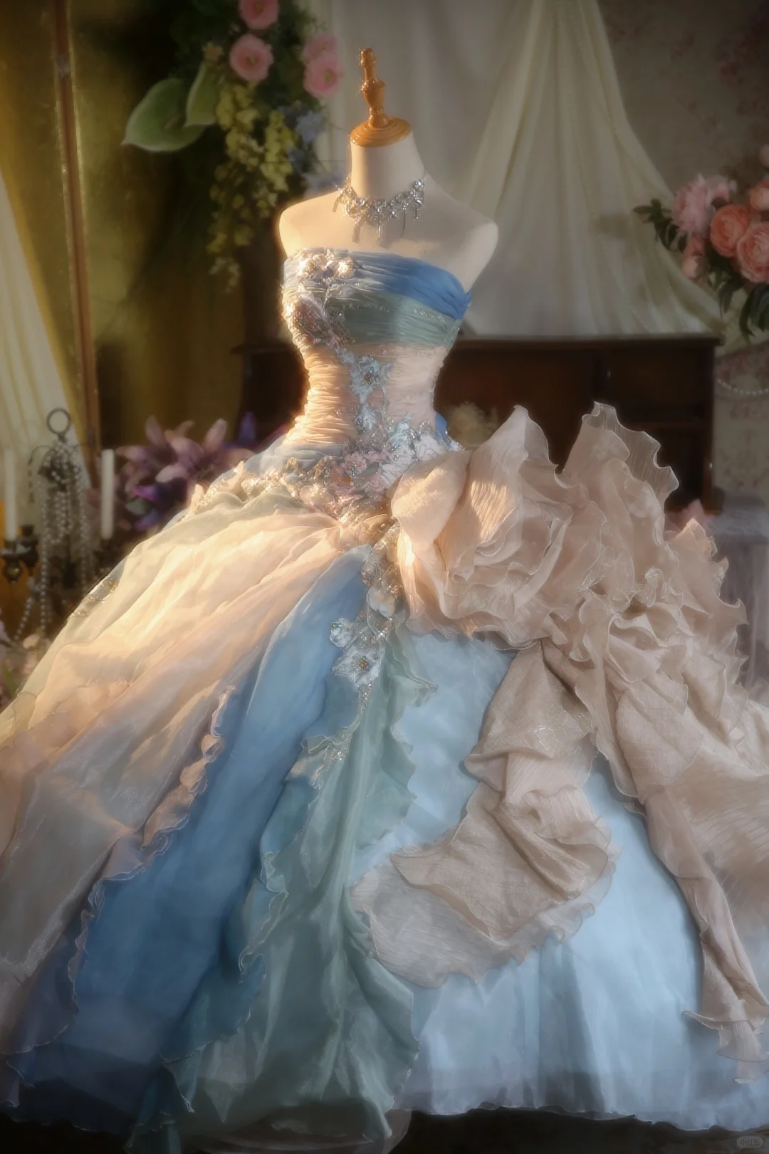 Vintage Ball Gown Strapless Satin Chiffon Applique Long Prom Dress, Party Dress, Evening Dress GG2858