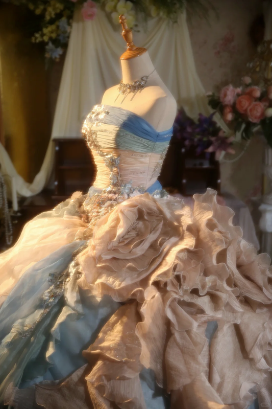 Vintage Ball Gown Strapless Satin Chiffon Applique Long Prom Dress, Party Dress, Evening Dress GG2858