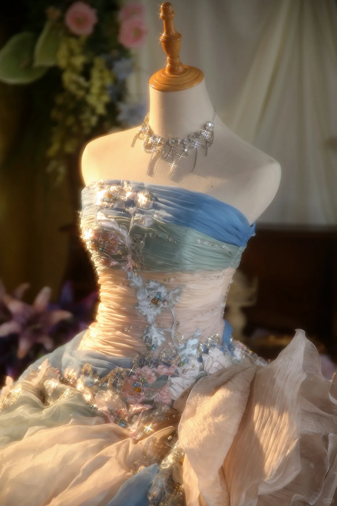 Vintage Ball Gown Strapless Satin Chiffon Applique Long Prom Dress, Party Dress, Evening Dress GG2858