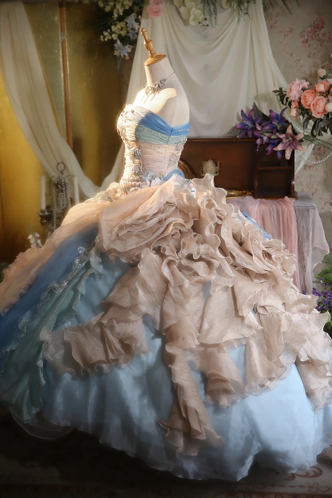 Vintage Ball Gown Strapless Satin Chiffon Applique Long Prom Dress, Party Dress, Evening Dress GG2858