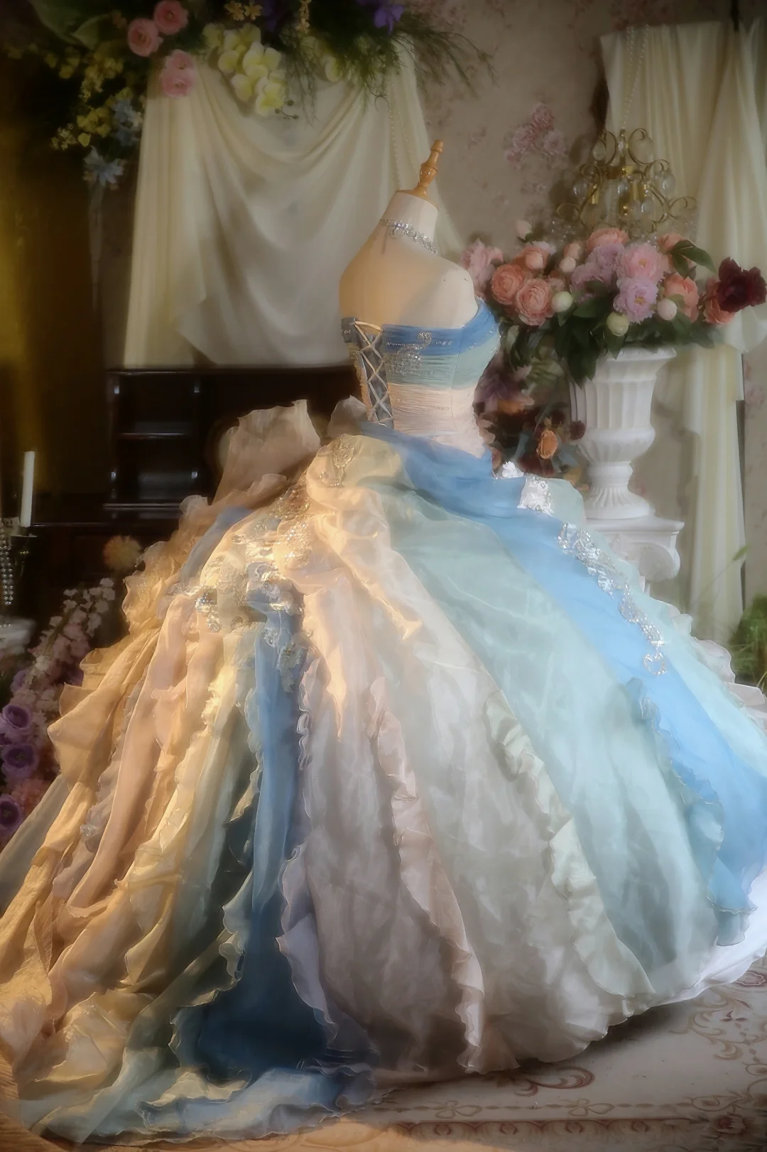 Vintage Ball Gown Strapless Satin Chiffon Applique Long Prom Dress, Party Dress, Evening Dress GG2858