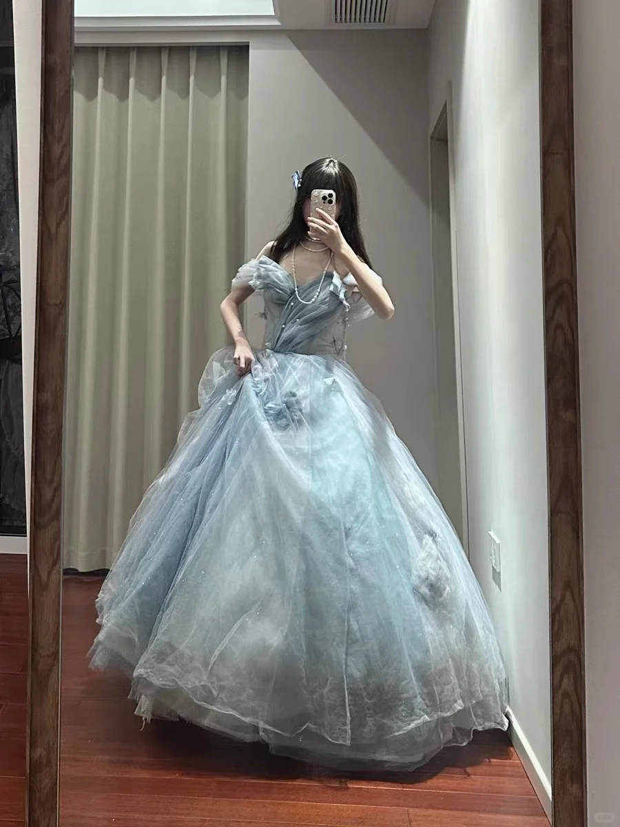 Fairy Ball Gown Off The Shoulder Tulle Applique Long Prom Dress, Party Dress, Evening Dress GG2862