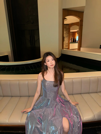 Shiny A Line Spaghetti Straps Satin Sequin Long Prom Dress, Party Dress, Evening Dress GG2863