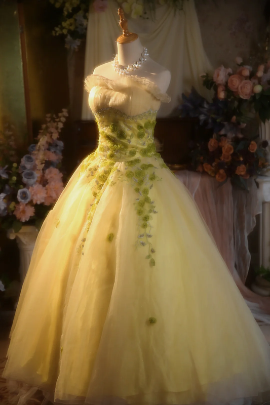 Vintage Yellow Ball Gown Strapless Tulle Applique Long Prom Dress, Party Dress, Evening Dress GG2866