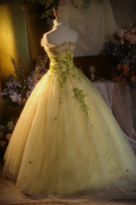 Vintage Yellow Ball Gown Strapless Tulle Applique Long Prom Dress, Party Dress, Evening Dress GG2866