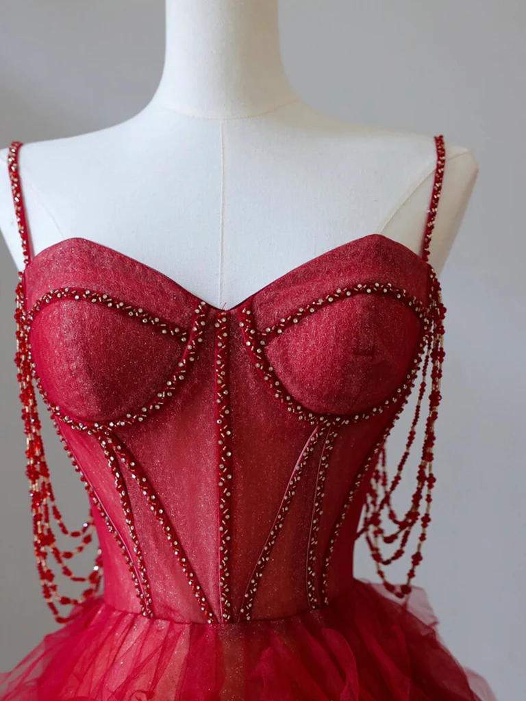 Chic A Line Burgundy Sweetheart Neck Tulle Beads Burgundy Long Prom Dress, Evening Dress GG286