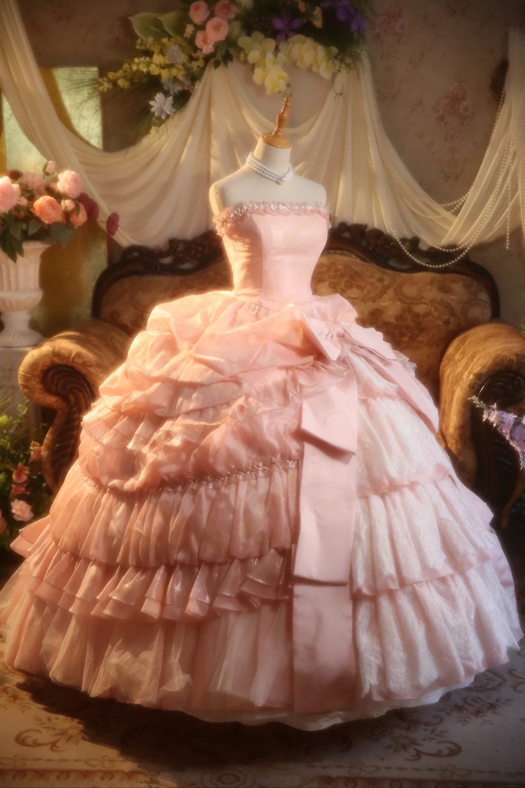 Pretty Ball Gown Strapless Pink Satin Lace Long Prom Dress, Party Dress, Evening Dress GG2870