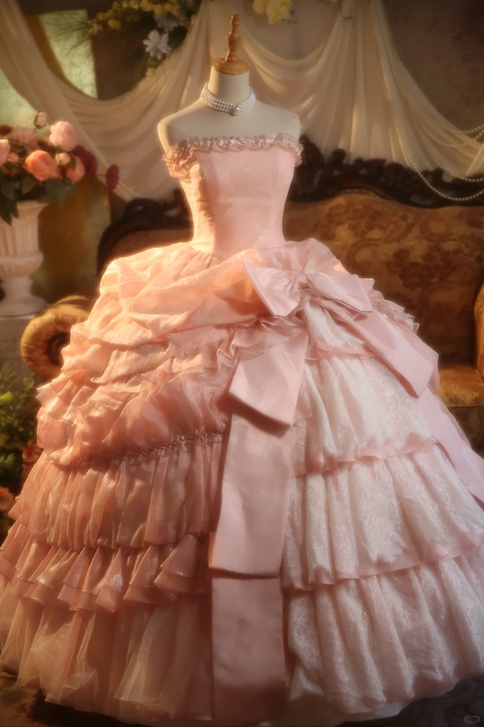 Pretty Ball Gown Strapless Pink Satin Lace Long Prom Dress, Party Dress, Evening Dress GG2870