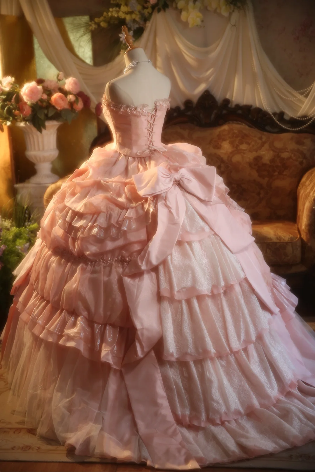 Pretty Ball Gown Strapless Pink Satin Lace Long Prom Dress, Party Dress, Evening Dress GG2870