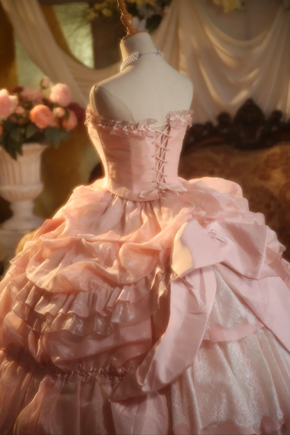 Pretty Ball Gown Strapless Pink Satin Lace Long Prom Dress, Party Dress, Evening Dress GG2870