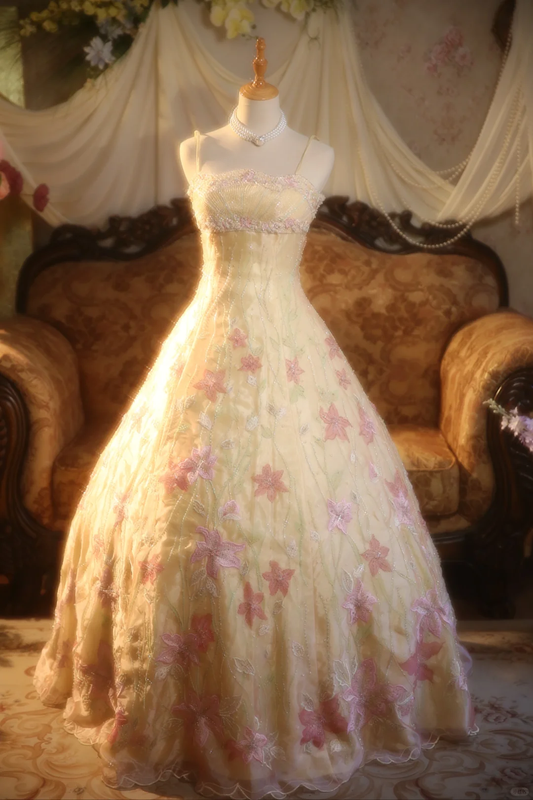 Gorgeous A Line Spaghetti Straps Pastel Yellow Satin Beaded Applique Long Prom Dress, Party Dress, Evening Dress GG2871