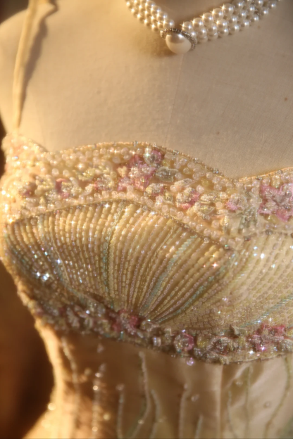 Gorgeous A Line Spaghetti Straps Pastel Yellow Satin Beaded Applique Long Prom Dress, Party Dress, Evening Dress GG2871