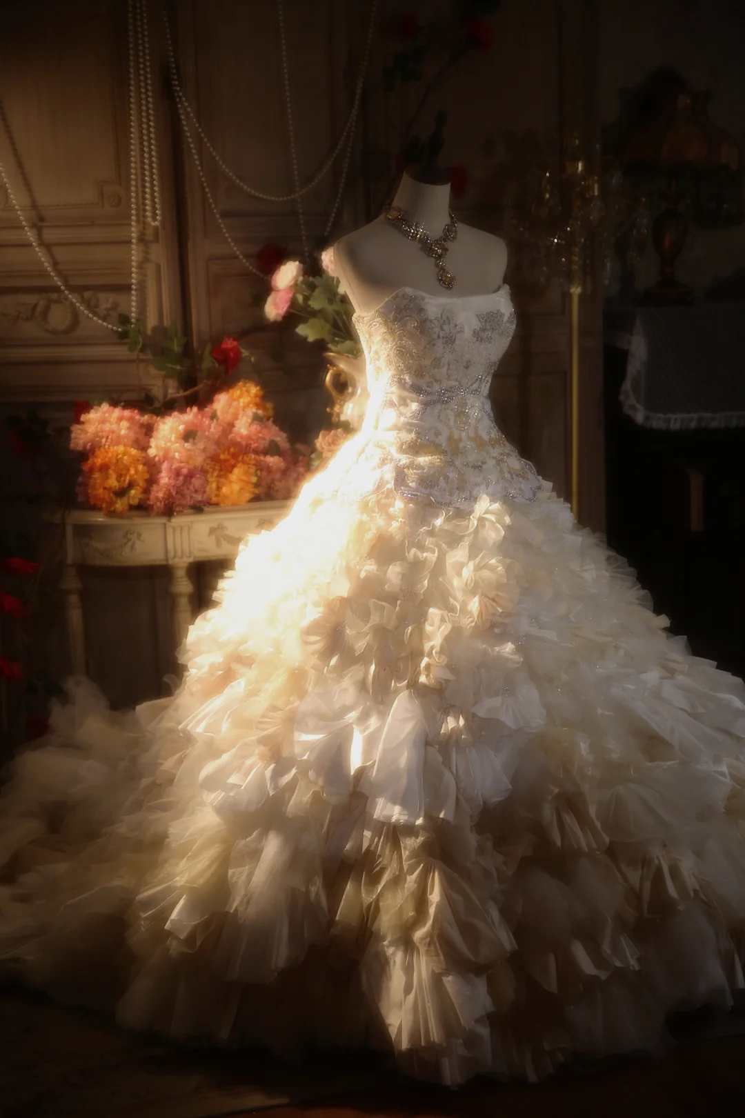 Vintage Ball Gown Strapless Satin Chiffon Beaded Long Prom Dress, Party Dress, Evening Dress GG2872