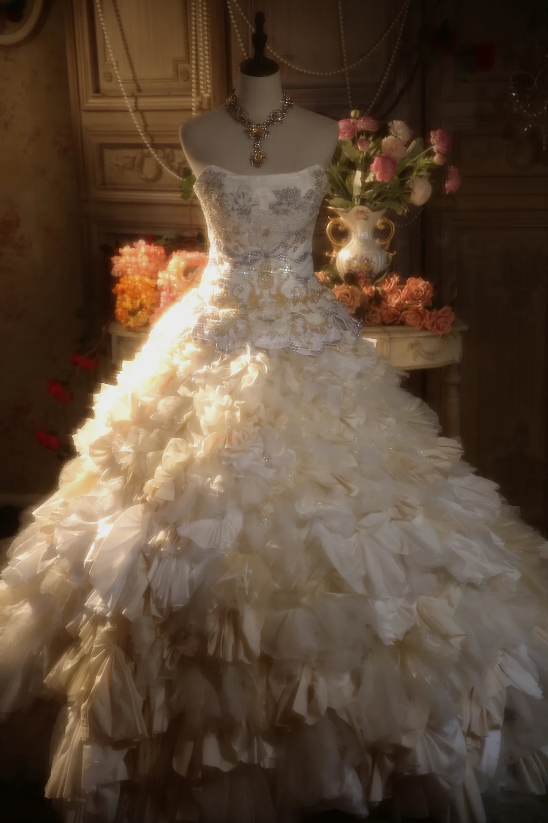 Vintage Ball Gown Strapless Satin Chiffon Beaded Long Prom Dress, Party Dress, Evening Dress GG2872