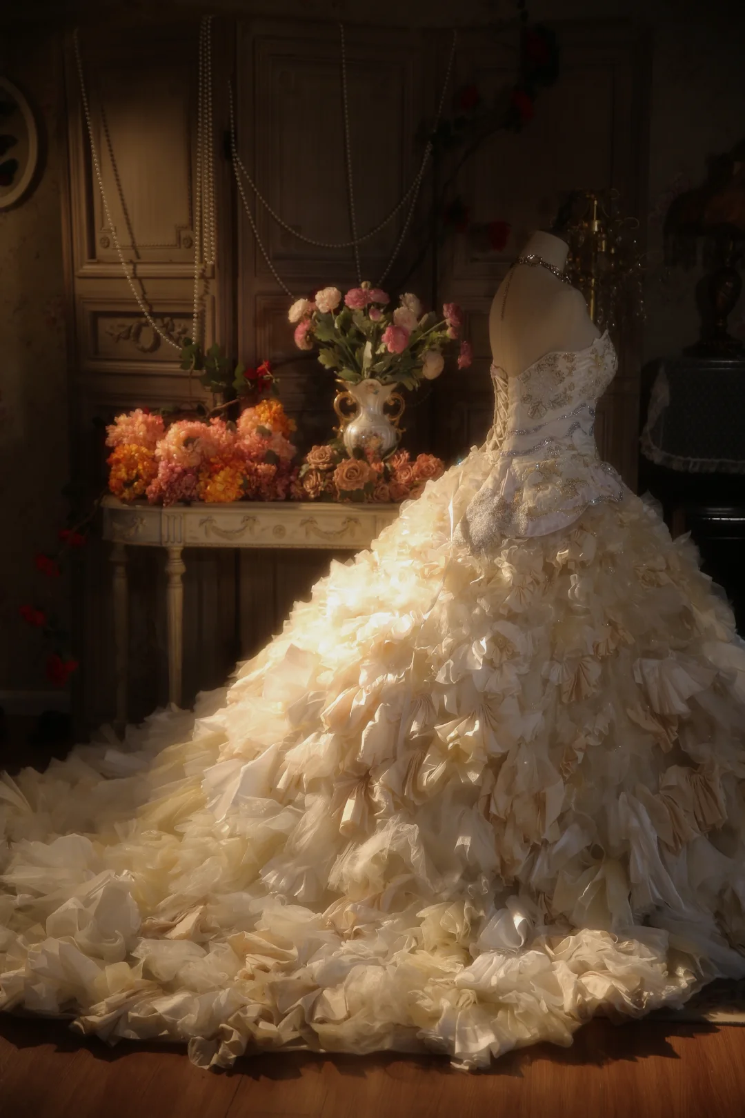 Vintage Ball Gown Strapless Satin Chiffon Beaded Long Prom Dress, Party Dress, Evening Dress GG2872