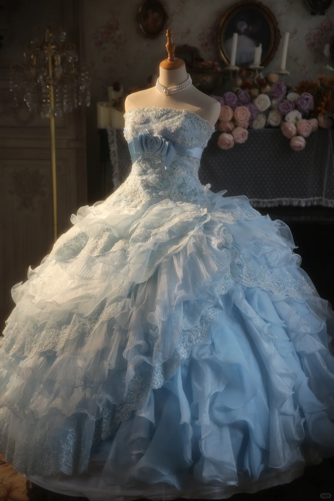 Gorgeous Ball Gown Strapless Pale Blue Chiffon Lace Applique Long Prom Dress, Party Dress, Evening Dress GG2876