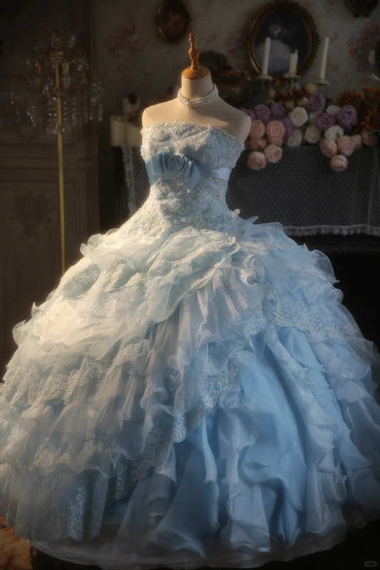 Gorgeous Ball Gown Strapless Pale Blue Chiffon Lace Applique Long Prom Dress, Party Dress, Evening Dress GG2876