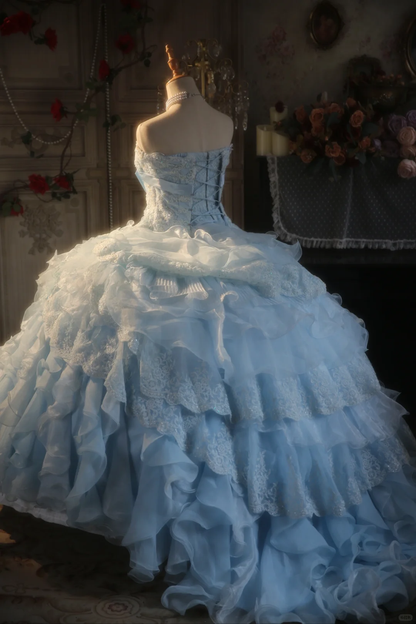 Gorgeous Ball Gown Strapless Pale Blue Chiffon Lace Applique Long Prom Dress, Party Dress, Evening Dress GG2876