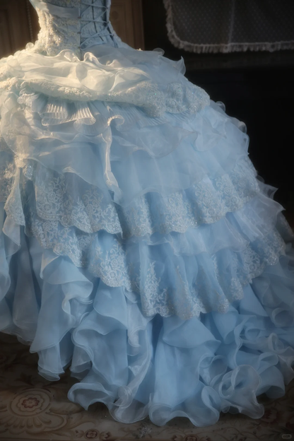 Gorgeous Ball Gown Strapless Pale Blue Chiffon Lace Applique Long Prom Dress, Party Dress, Evening Dress GG2876