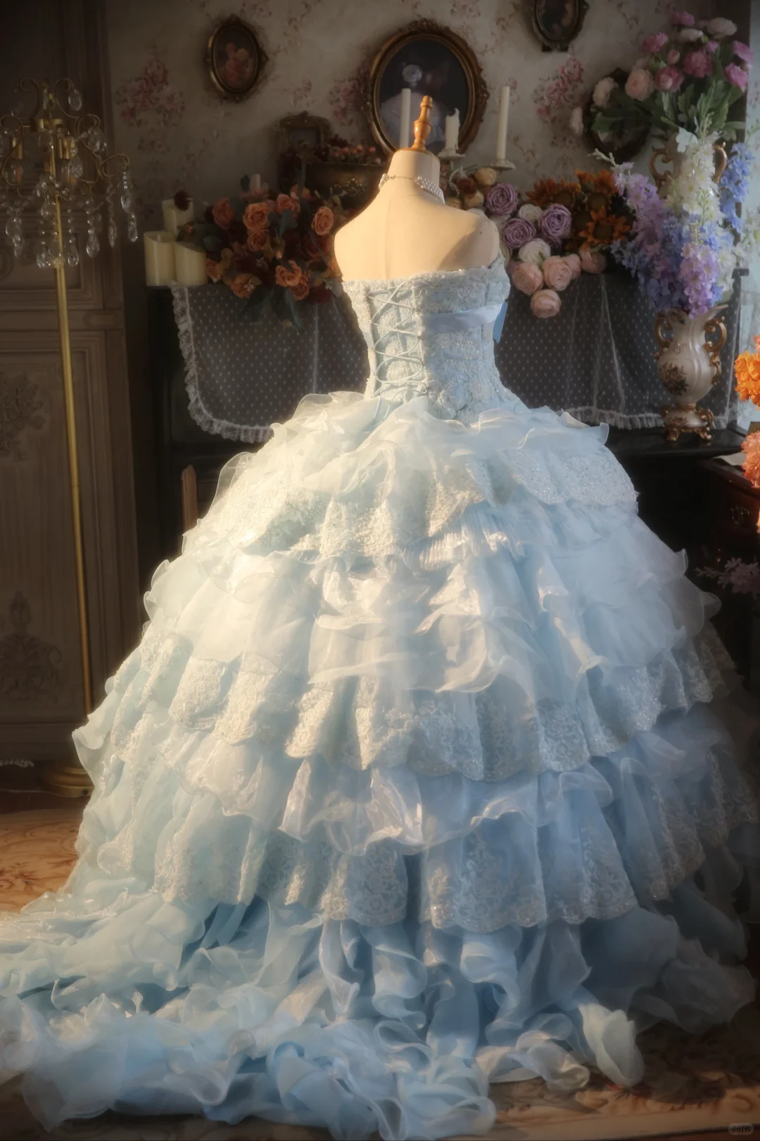 Gorgeous Ball Gown Strapless Pale Blue Chiffon Lace Applique Long Prom Dress, Party Dress, Evening Dress GG2876