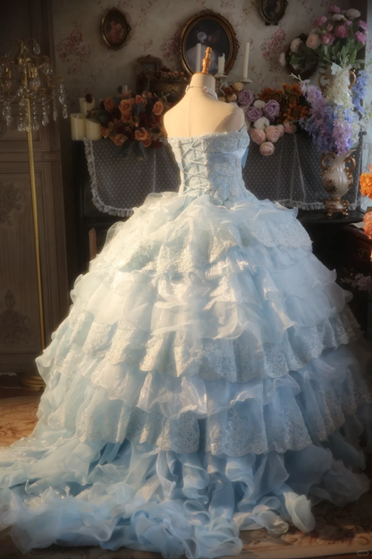 Gorgeous Ball Gown Strapless Pale Blue Chiffon Lace Applique Long Prom Dress, Party Dress, Evening Dress GG2876