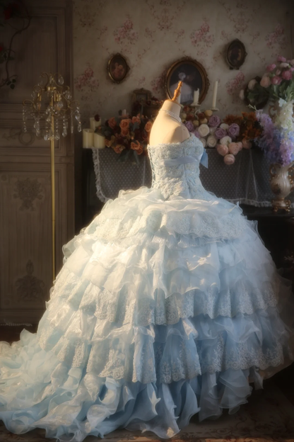 Gorgeous Ball Gown Strapless Pale Blue Chiffon Lace Applique Long Prom Dress, Party Dress, Evening Dress GG2876