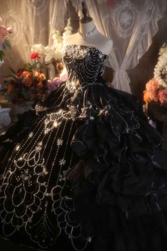 Vintage Ball Gown Strapless Black Satin Beaded Long Prom Dress, Party Dress, Evening Dress GG2877