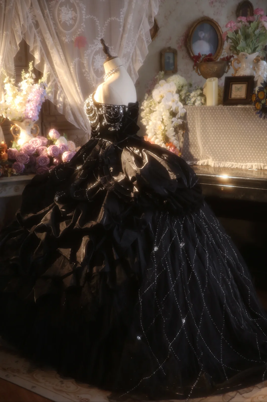 Vintage Ball Gown Strapless Black Satin Beaded Long Prom Dress, Party Dress, Evening Dress GG2877