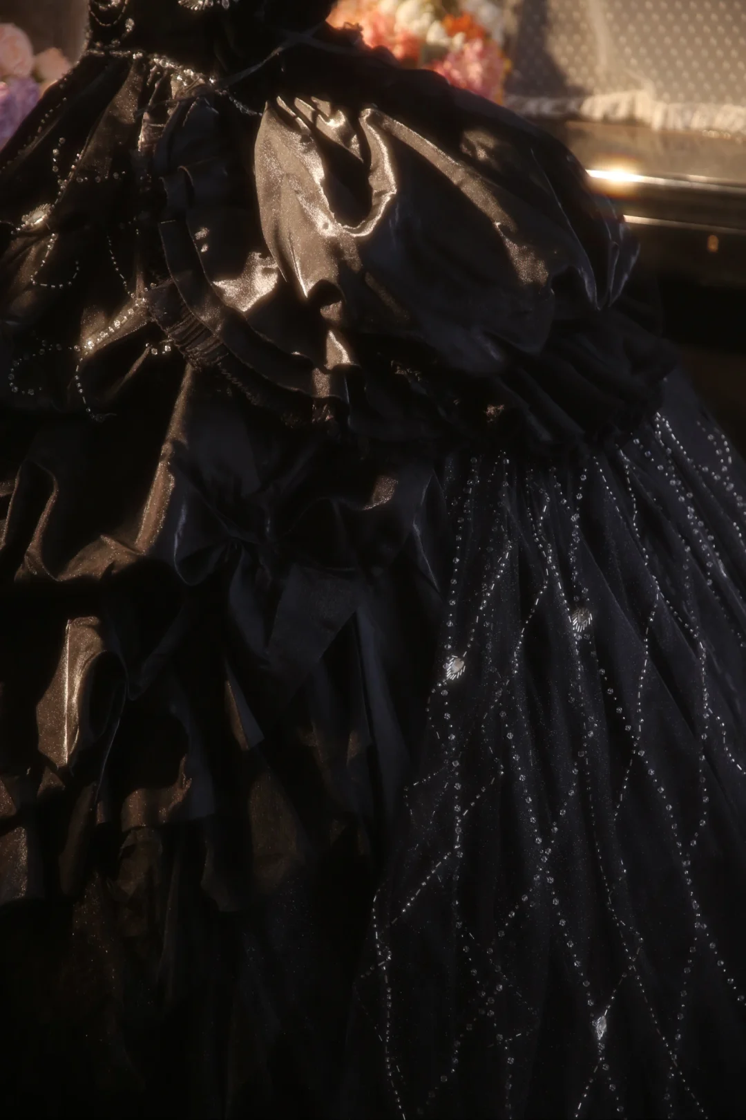 Vintage Ball Gown Strapless Black Satin Beaded Long Prom Dress, Party Dress, Evening Dress GG2877